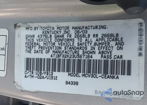 2003 Toyota Camry Le V6 z USA, uszkodzony, nr VIN 4T1BF32K23U567164